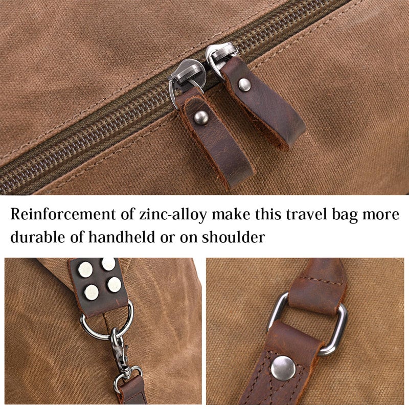 NEWHEY Oversized Travel Duffel Bag Waterproof Canvas Genuine Leather Weekend bag Weekender Overnight Carryon Hand Bag Brown - Image 4